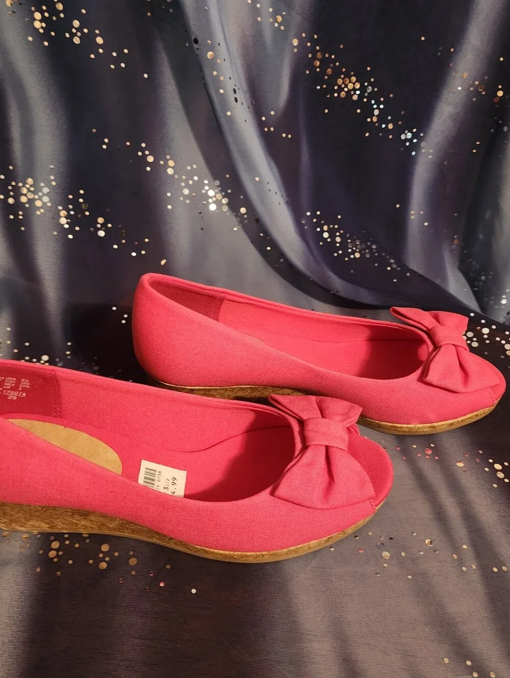 Girls Pink Bow Peep-Toe Wedge Flats  size 3 1/2